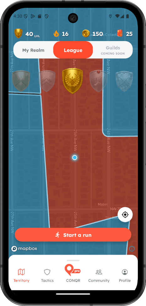 A CONQR map filling in over weeks of walks and runs