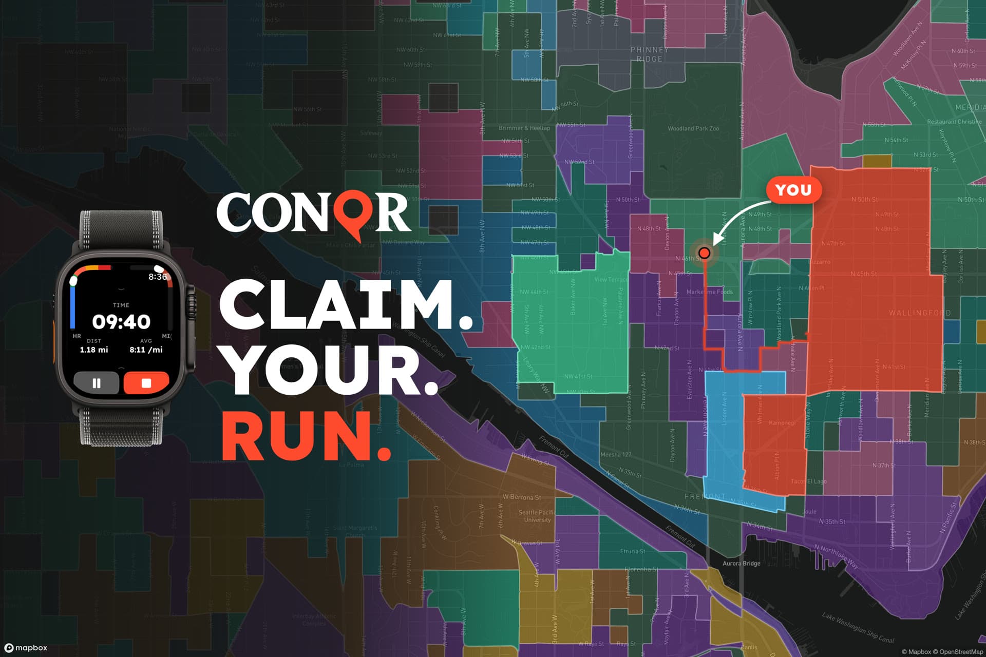 CONQR on Apple Watch over a city map split into colored territories, with the words Claim. Your. Run.