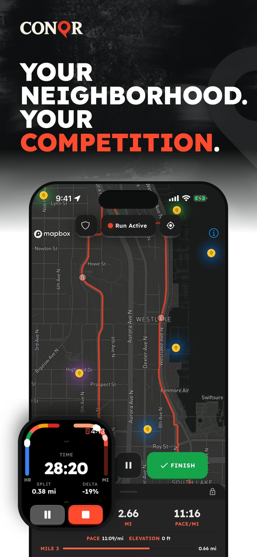 Your neighborhood, your competition: a live run on the CONQR territory map, mirrored on Apple Watch.