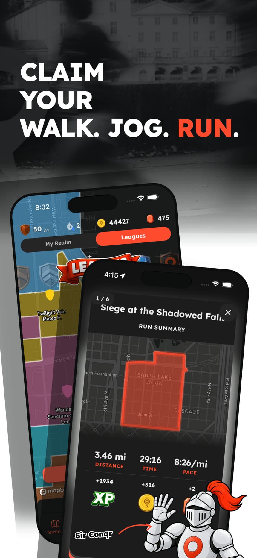Claim your walk, jog, or run: a run summary showing the ground claimed, distance, XP, and Coins earned.