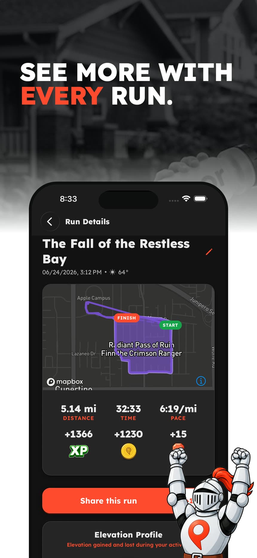 See more with every run: route, pace, XP, and elevation for a single run.