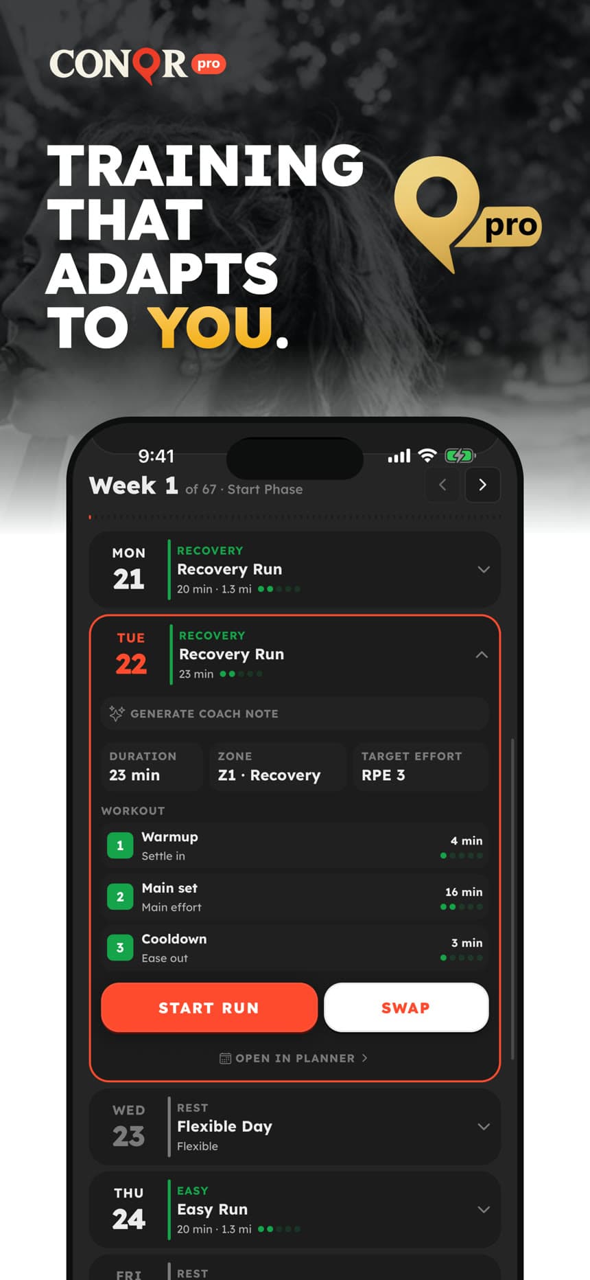 CONQR Pro: a weekly training plan that adapts to you, with a coach note on each run.