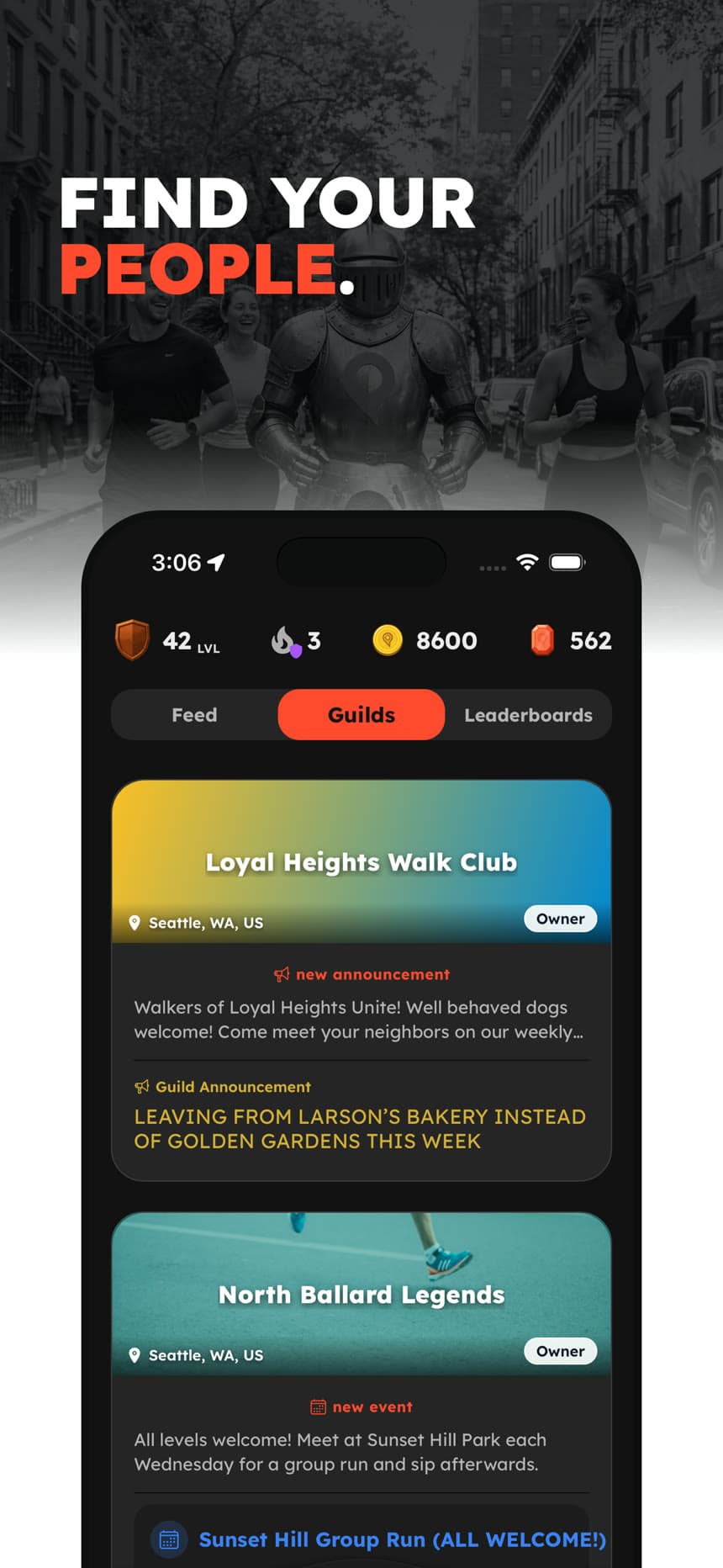 Find your people: guilds with announcements, events, and leaderboards.